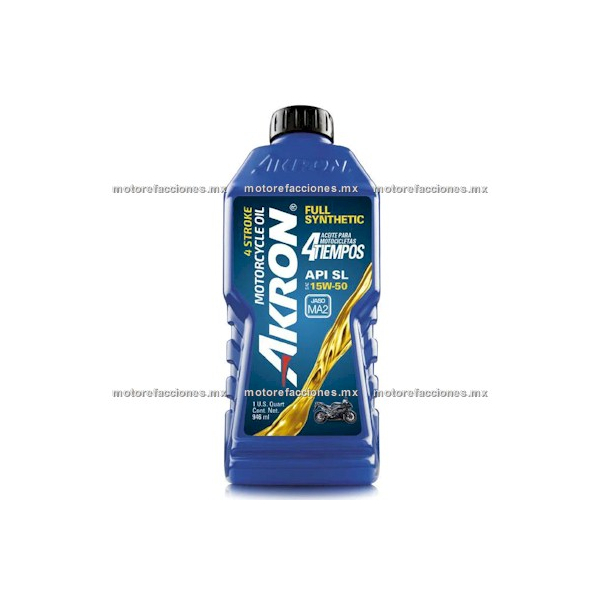 Aceite Akron 4T Sintetico 100% Multigrado SAE 15W50 Tipo JASO MA2 - 946 ml