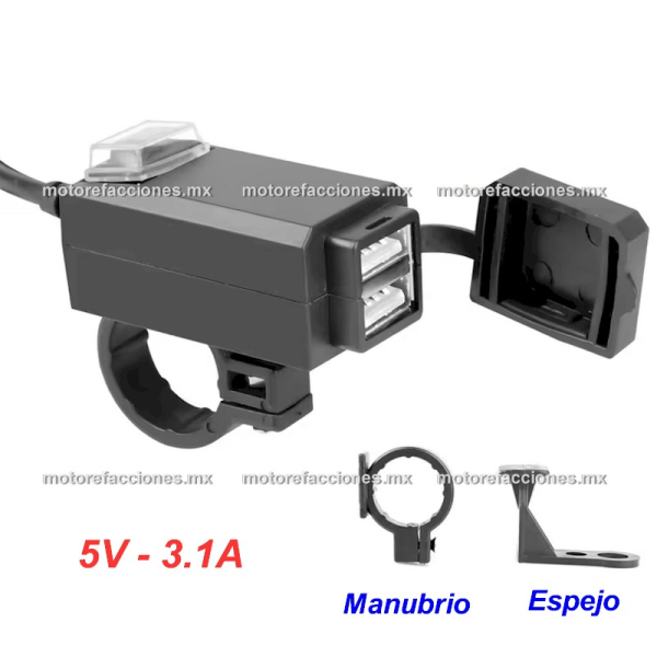 Cargador 12V/3.1A Celular - GPS a Manubrio / Espejo - Dual USB